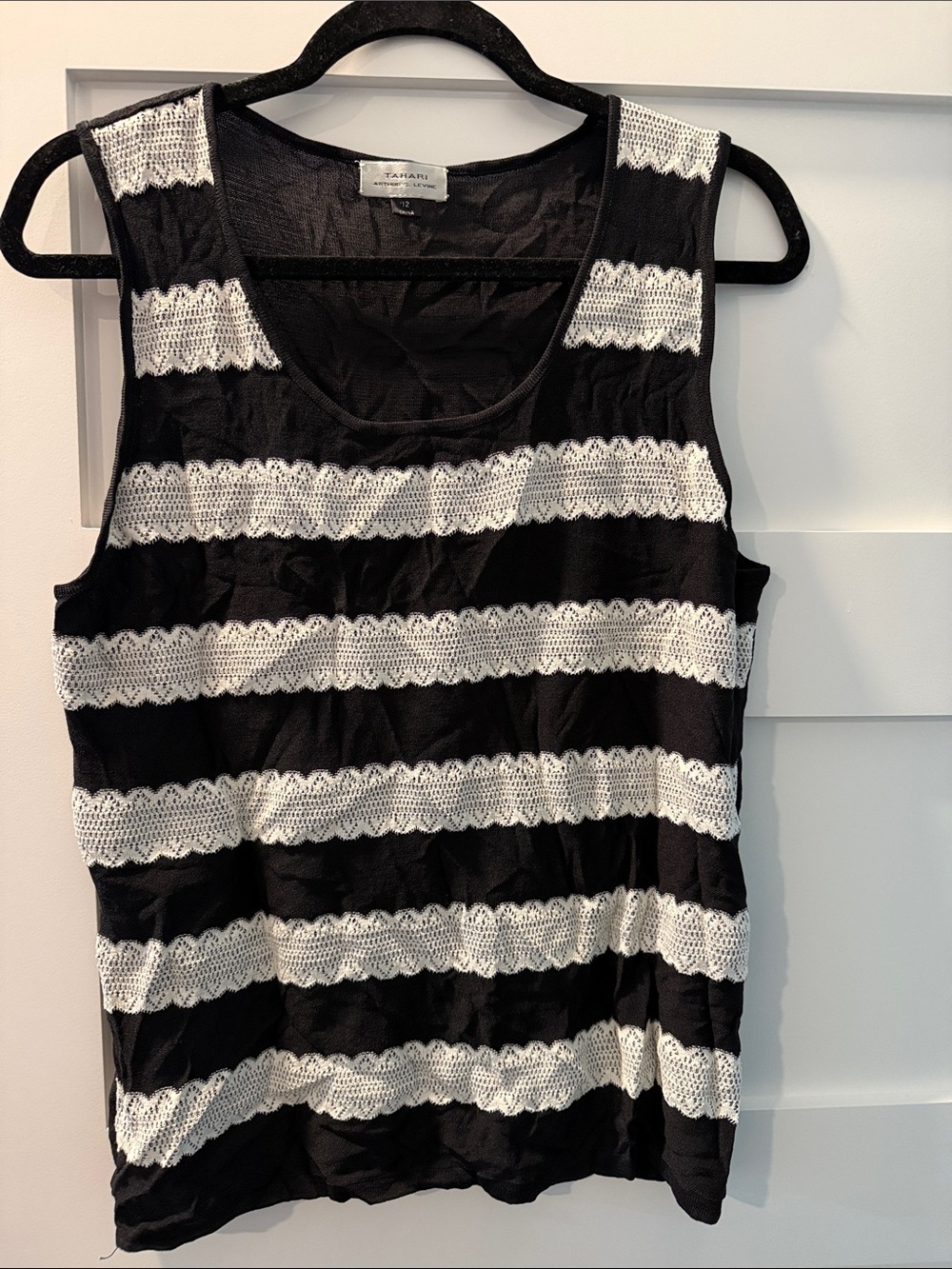 Tahari Black and White Striped Lace Tank Top